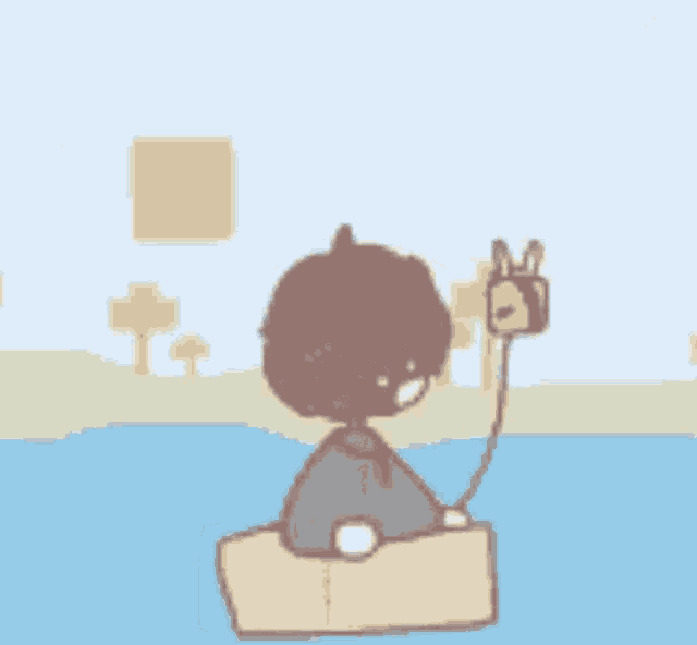 a boy is sitting on a raft in the water with a bee attached to his head .