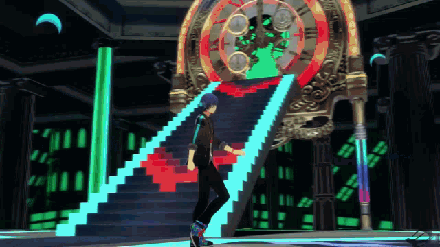 a person walking up a set of stairs in front of a clock