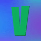 the letter v is green and has a shadow on a blue and purple background .