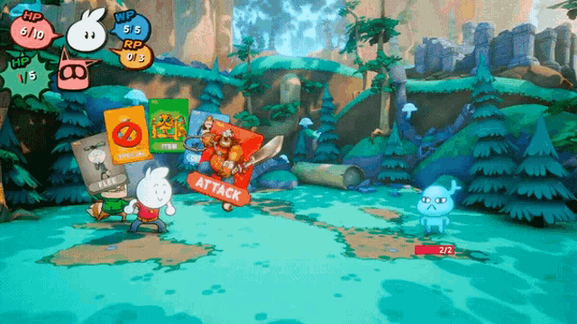 a video game screen shows a rabbit holding a sign that says attack