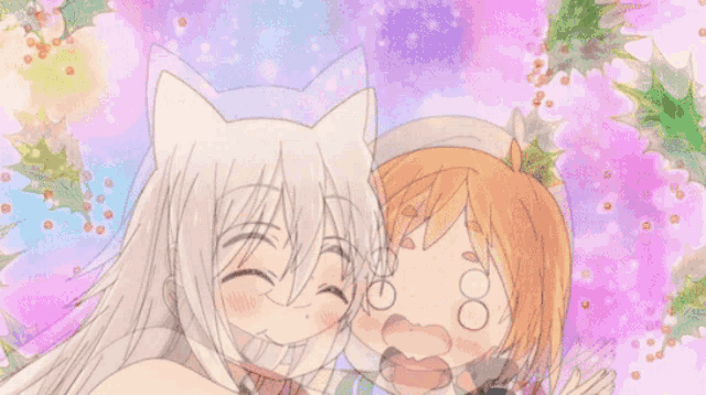 a girl with a cat ear is hugging another girl with a surprised look on her face