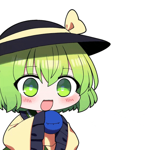 a drawing of a girl with green hair and a black and yellow hat