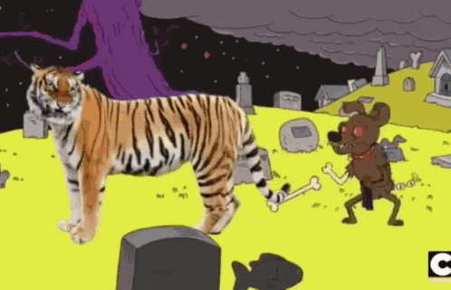 a cartoon of a tiger and a dog in a cemetery with the letter c on the bottom