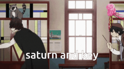 a man and a raccoon are in a room with the words saturn and key