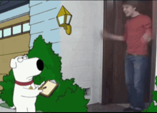 a cartoon of a dog holding a clipboard and a man standing in front of a door