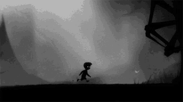 a black and white drawing of a person running in a field