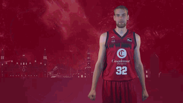 a man in a red jersey with the number 32 on it