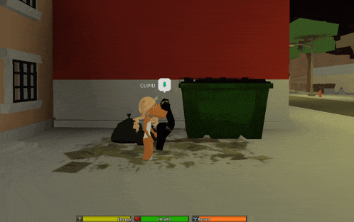 a video game character named cupid is standing next to a green dumpster