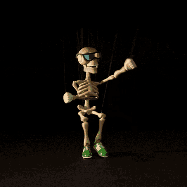 a skeleton wearing green adidas shoes is dancing