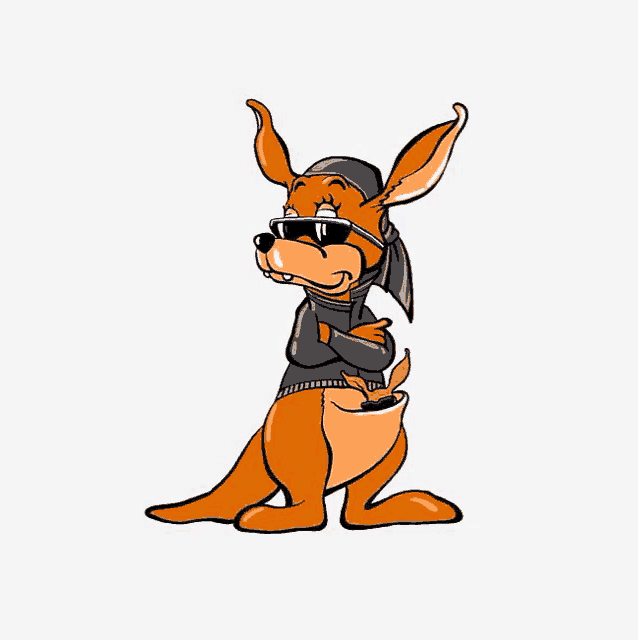a cartoon kangaroo wearing sunglasses a bandana and a hat