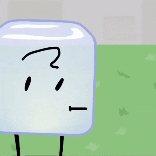 a cartoon ice cube with a question mark on his face