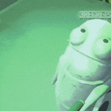 a cartoon character is sitting in a green room with the word regrets written on the bottom .