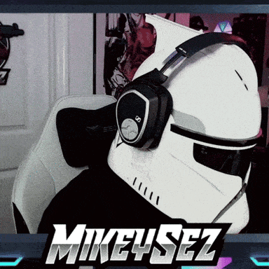 a picture of a storm trooper wearing headphones with the name mike4sez below it