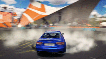 a blue car is driving down a road with smoke coming out of the tires
