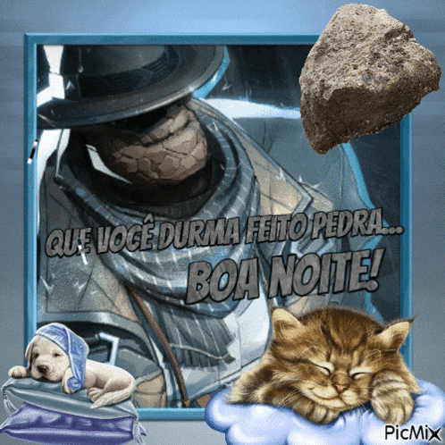 a picture of a man and a cat with the words que voce durma feito pedra boa noite on the bottom
