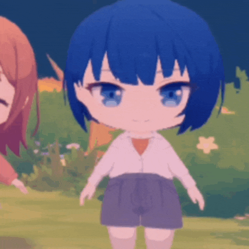 a cartoon girl with blue hair and blue eyes