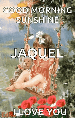 a little girl is sitting on a swing with a teddy bear and flowers .