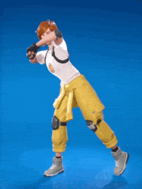 a person wearing yellow pants and a white shirt is dancing on a blue background