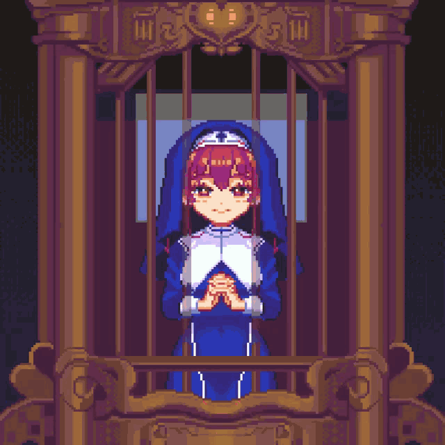 a pixel art illustration of a nun praying on a balcony .