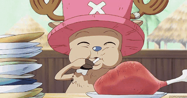 a cartoon character wearing a pink hat with an x on it eating a piece of meat