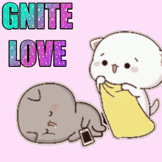 a cartoon of a cat laying on the ground next to another cat with the words gnite love written on it