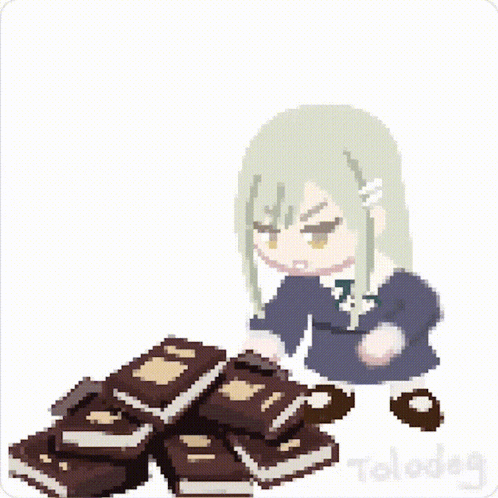 a pixel art of a girl holding a book over a pile of books with the word tolodog below her
