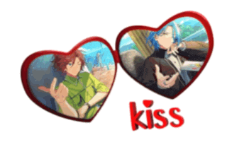 two hearts with a picture of a man and the word kiss