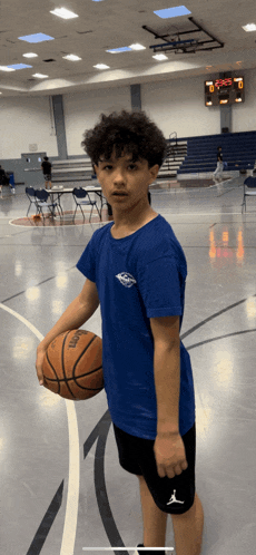 a boy in a blue shirt is holding a basketball