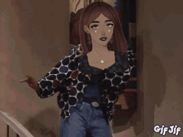 a woman in a polka dot shirt is standing on a set of stairs in front of a painting