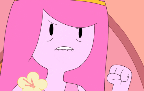 a cartoon character with pink hair and a yellow flower in her hand