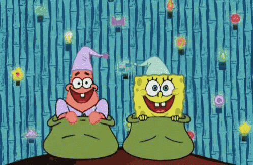 a cartoon of spongebob and patrick wearing pajamas and hats