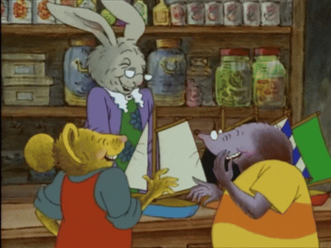 a cartoon of a rabbit and a mouse standing in front of a shelf with jars that say ' coca cola '