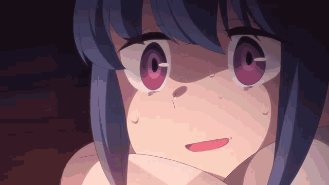 a girl with blue hair and purple eyes looks surprised