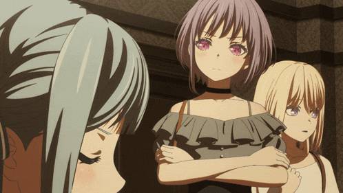 three anime girls are standing next to each other and one of them has purple hair