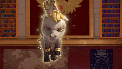 a cartoon character is hanging from a rope in front of a bookshelf with a poster that says ' the phoenix '