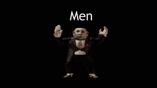 a man in a suit and tie holds a sign that says men