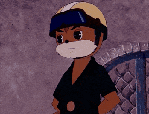 a cartoon character wears a helmet and goggles