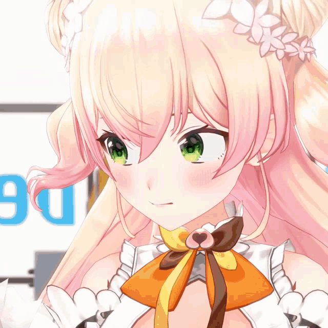 a girl with pink hair and green eyes is standing in front of a sign that says 90