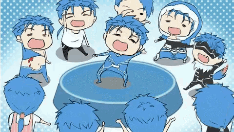 a group of cartoon characters with blue hair are standing around a blue circle