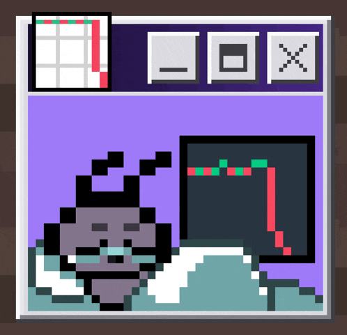 a pixel art of a monkey laying in front of a computer screen with a graph on it