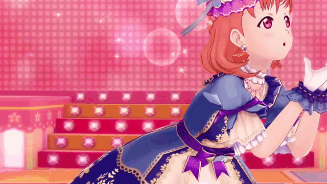 a girl with red hair is wearing a blue dress and purple bows