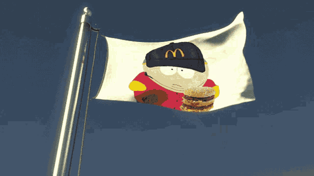 a south park character with a mcdonald 's hat and a hamburger on a flag