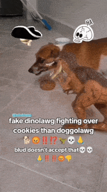 a dog standing next to a toy dinosaur that says fake dinolawg fighting over cookies than doggolawg