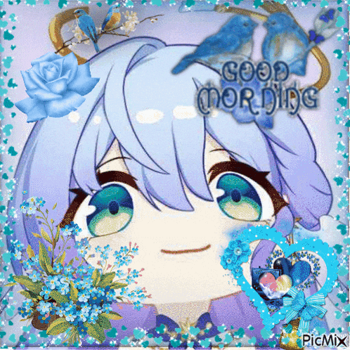a picture of a girl with blue flowers and the words good morning on the bottom