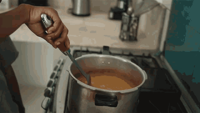 a person stirring a pot of soup on a stove