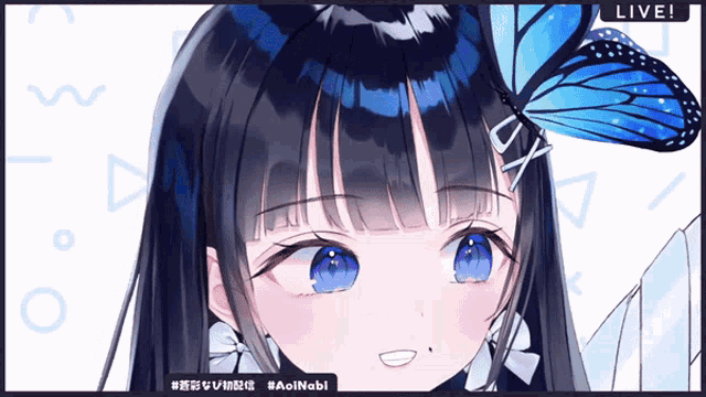 a drawing of a girl with blue eyes and a blue butterfly on her head says live