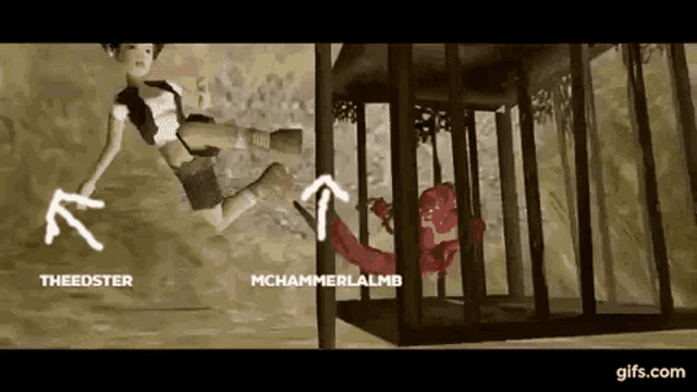 a cartoon of a woman flying through the air next to a crab in a cage