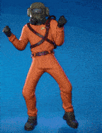a man in an orange jumpsuit is holding a gas mask and a backpack