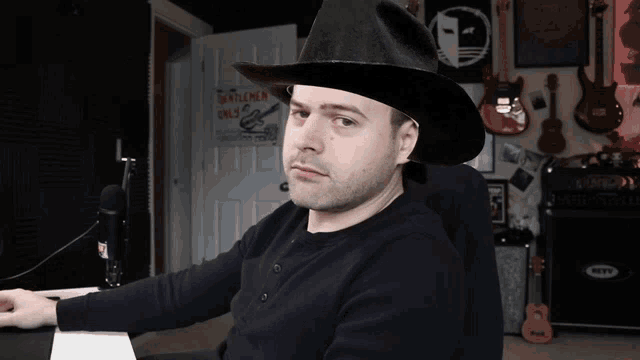 a man wearing a cowboy hat is sitting in front of a sign that says " gentlemen only "