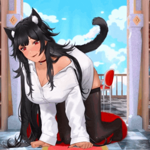 a girl with black hair and cat ears kneeling down